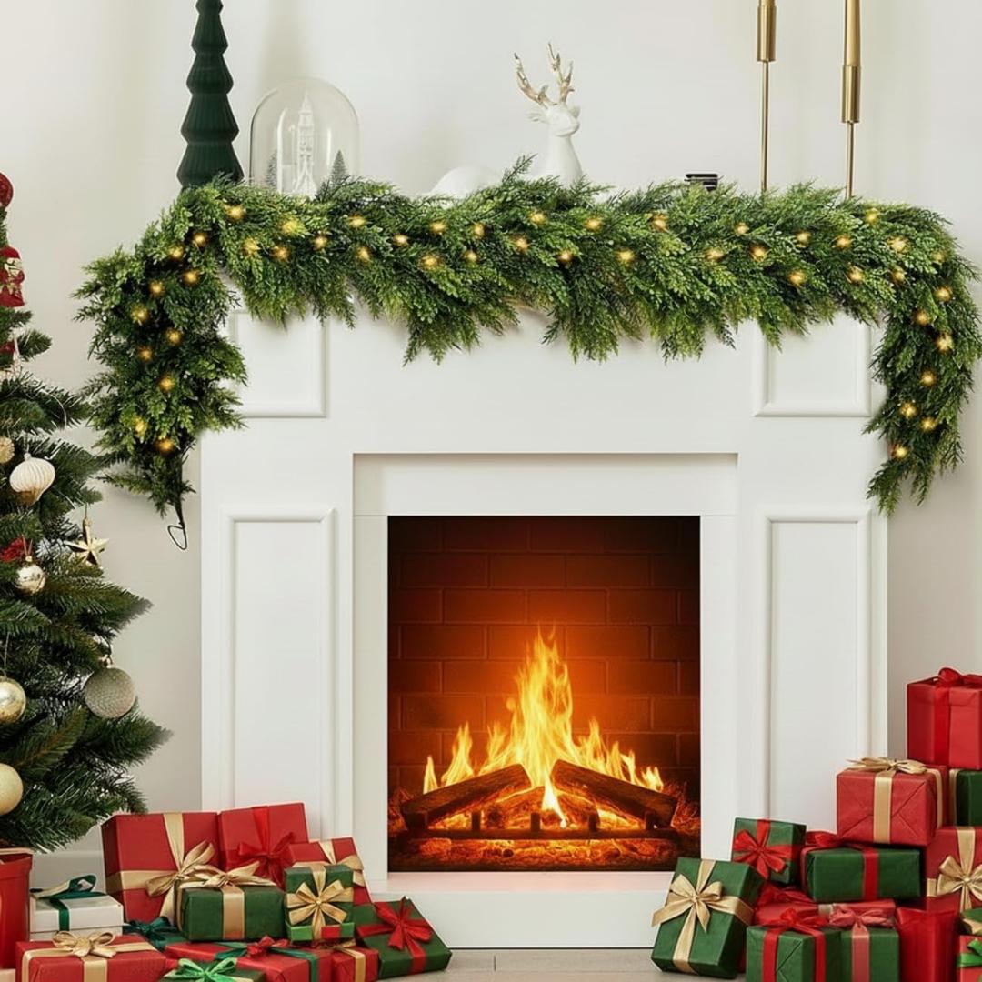 6FT Cedar Christmas Garland with 120LED Lights for Mantle, Real Touch Winter Pine Garland, Green Artificial Greenery Garland for Table, Mantle, Wall, Indoor, Outdoor Christmas Decorations