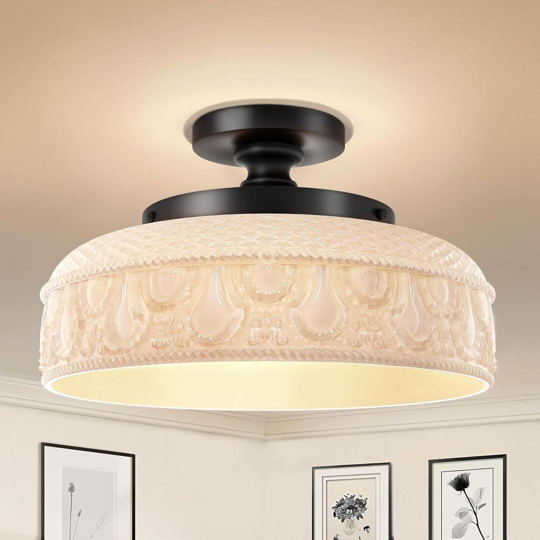 Lamomo Semi Flush Mount Ceiling Light,12 Inch White Glass Shade Black Hallway Light Fixture,3 Light Globe Glass Close to Ceiling Scone,Indoor Hanging Light for Bedroom Kitchen Porch Hallway