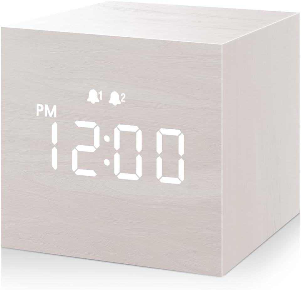 Digital Alarm Clock, with Wooden Electronic LED Time Display, 3 Alarm, 2.5-inch Cubic Small Mini Wood Made Electric Clocks for Bedroom, Bedside, Desk, White