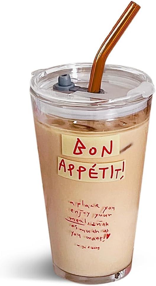 15oz Glass Tumbler with Straw and Lid, Cute Iced Coffee Cups, Aesthetic Glass Cups, Coffee Tumbler, Water Cup, Matcha Cup, Drinking Glasses (Bon Apptit) (Word)