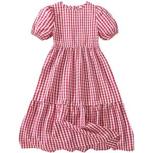 EIAY Shop Girls Floral Casual Dress Puff Sleeve Plaid Smocked Dresses Square Neck for 7-12 Years (9-10 Years, Red Grid)