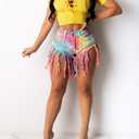 Womens Denim Shorts Summer High Waisted Tassels Jean Casual(Cyan+Yellow, S) (Pink)