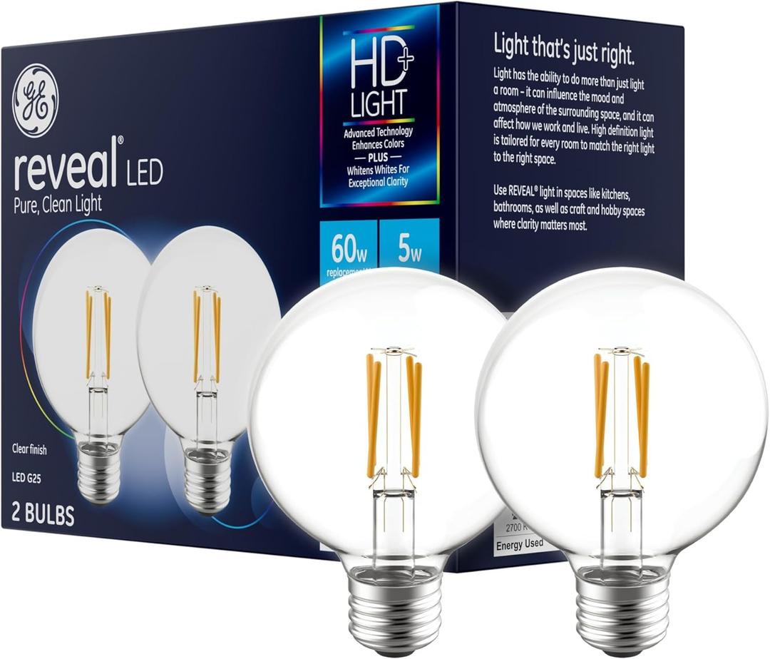 GE Reveal LED Light Bulbs, 60 Watt, G25 Globe Bulbs, Medium Base (2 Pack)