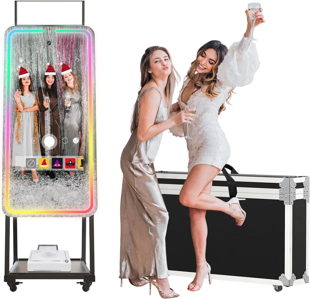 MWE Magic Mirror Photo Booth Machine Touch Screen with Printer,12MP 4K HD Camera, RGB Surround Light Music Sync, Professional Photography Light, Dual System, Software APP Remote Control (47in+Printer)