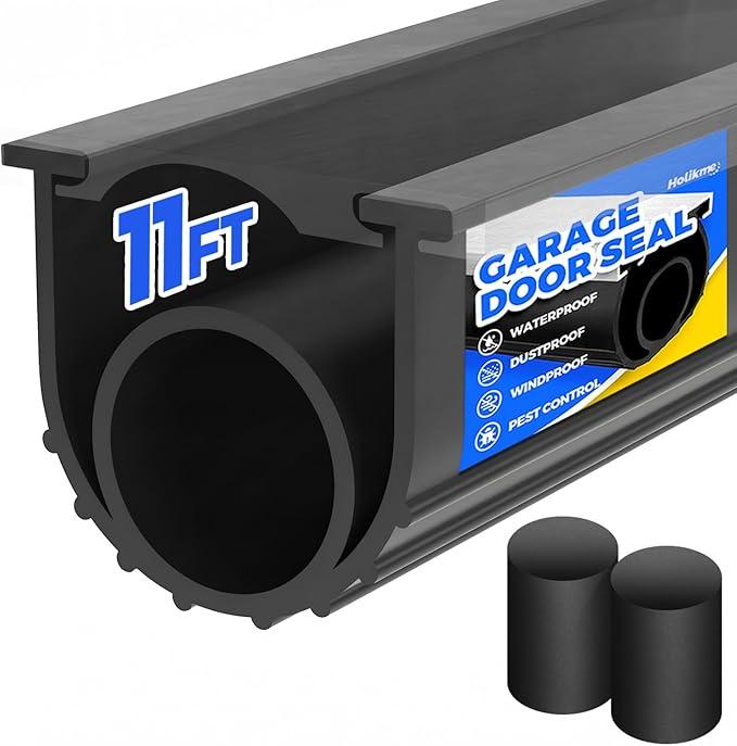 Holikme Garage Door Bottom Seal, EPDM Rubber Weather Stripping 11Ft Black | Fits 5/16" T-Track, 3.74" Width, Dual End Plugs, Ideal For Threshold Ramps, Weatherproof Rain & Draft Barrier, Temp Resistant
