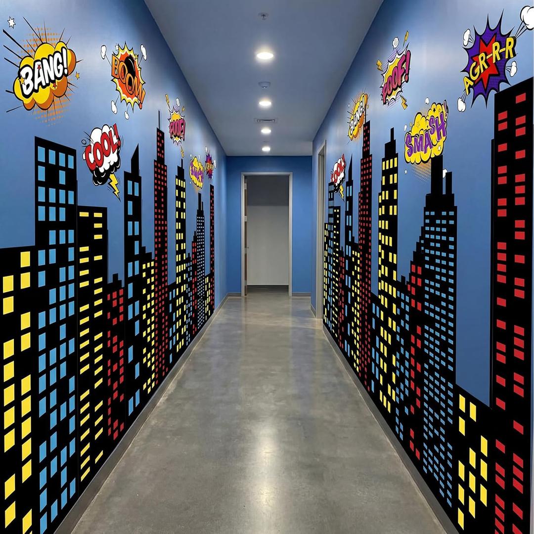 Breling Large Hero Theme City Skyline Wall Decals Art New York Skyline Skyscraper Hero Birthday Party Decorations for Backdrop Classroom Back to School Hallway Blackboard Photo(Multicolor,7 Pcs)