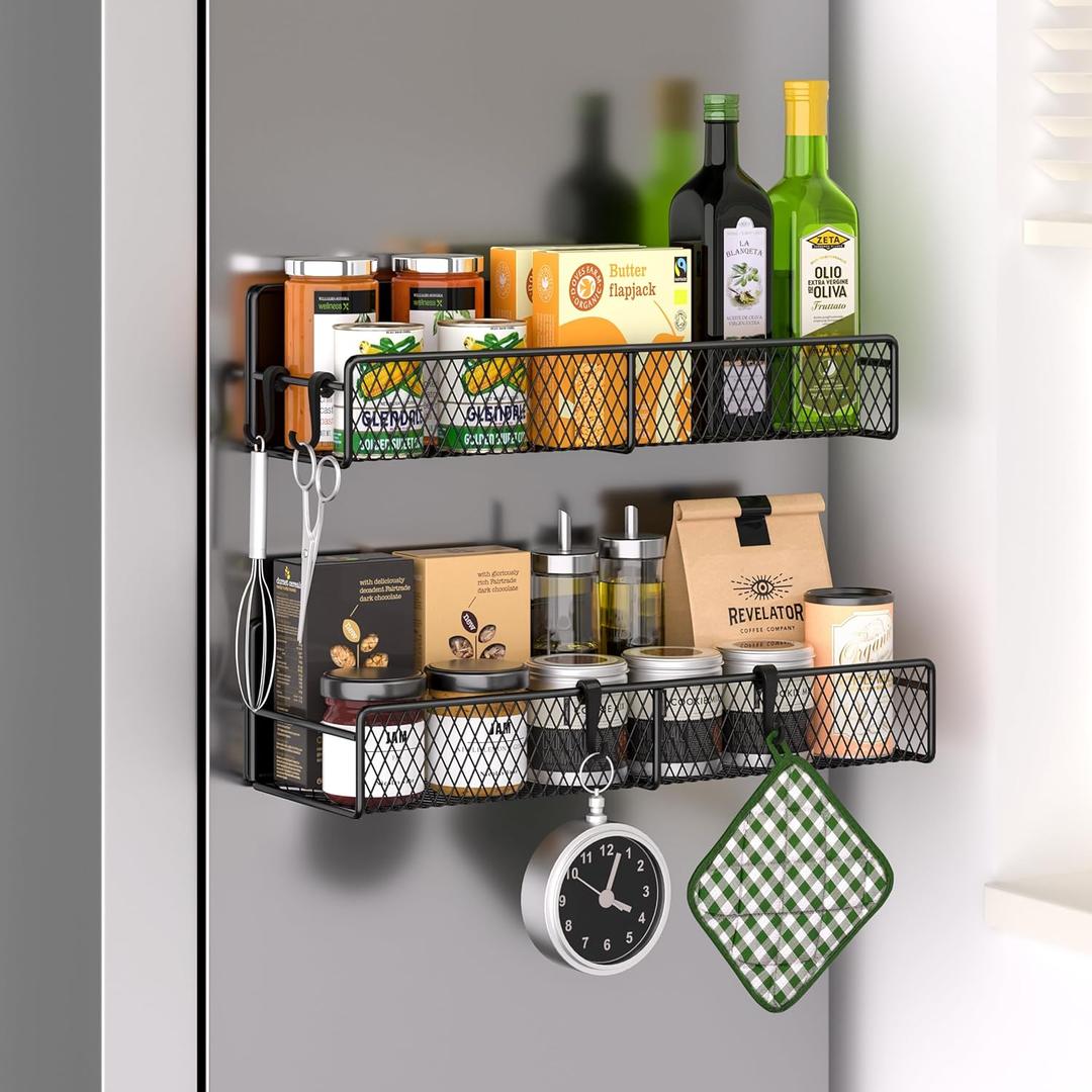 Magnetic Spice Rack for Refrigerator, 2 Pack Metal Magnetic Shelf Black, Moveable Spice Organizer with Hooks, Super Magnetic Fridge Shelf for Kitchen Organization and Storage