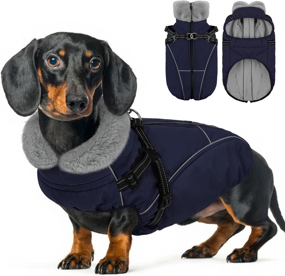 Dog Coats for Large Dogs, Dog Puffer Jacket with Harness Built in, Pet Warm Winter Vest, Dark Blue L