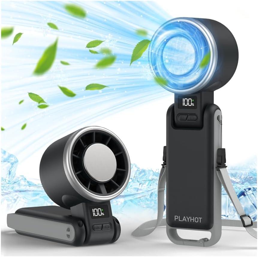 PlayHot Portable Handheld Turbo Fan with Ice Cooling, Rechargeable Personal Fan, Up tp 12Hrs Cooling, 5 Speed 25550RPM Powerful Portable Fan for Travel, Outdoor, Camping, Hiking (Black)