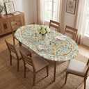 Horaldaily Regular Fitted Tablecloth 48 Inch Oval, Boho Bohemia Vintage Golden Floral Patterned Washable Table Cover Elastic Edged for Dinning, Picnic, Camping, Banquet