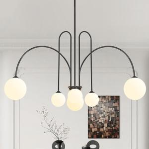 Black Sputnik Chandelier,6 Lights Modern Chandelier for Dining Room Mid Century Chandelier Large L49 Ceiling Pendant Light Fixtures with Milk Glass Globe Shades for Foyer Living Room Kitchen Island