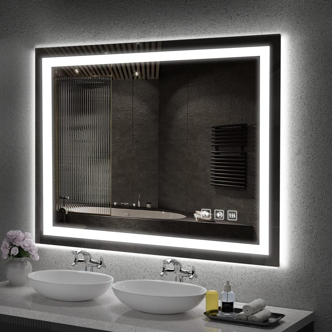 LED Mirror for Bathroom, 48x36 Inch Backlit + Front Lighted Bathroom Vanity Mirror with Lights for Wall, Double Light Strips, 3 Colors, Shatter-Proof, Anti-Fog and Brightness Memory