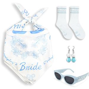 4 Pcs Bride Head Scarf, Sunglasses, Earrings,Bride Socks Accessories for Bridal Shower Bachelorette Party Wedding Day