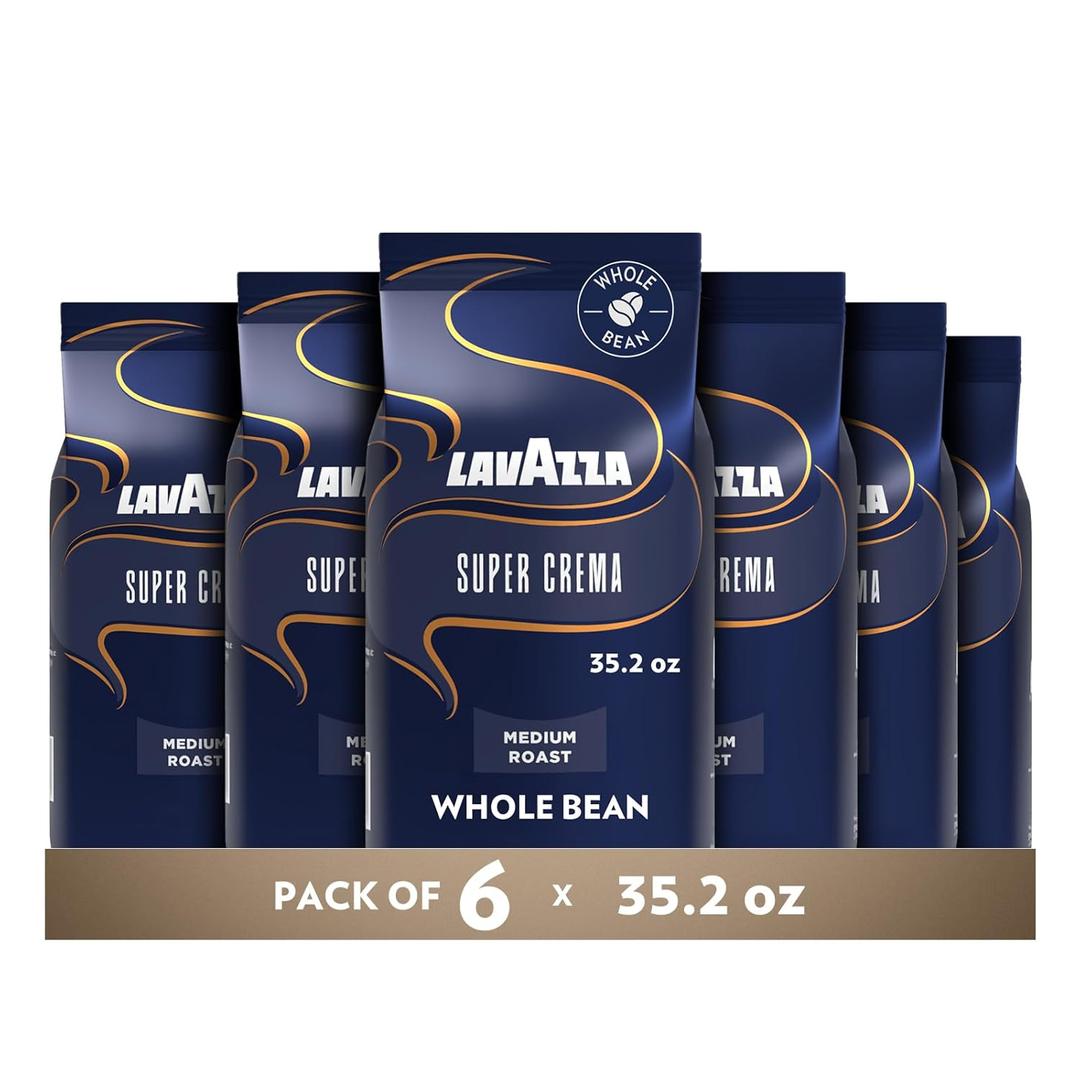 Lavazza Super Crema Whole Bean Coffee, Medium Espresso Roast, Arabica and Robusta Blend, 2.2 lb Bag, (Pack of 6) (EXP 03/30/28)