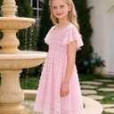Kids4ever 6-12T Girls Chiffon Dress with Solid Pom Poms & Flutter Ruffle Short Sleeve Kids Lace Square Neck Frocks, 13T