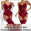 Lilosy Sexy Stocking Lace Mesh Bodysuit Top Underwire Garter Lingerie Set 3 Piece (Red, M)