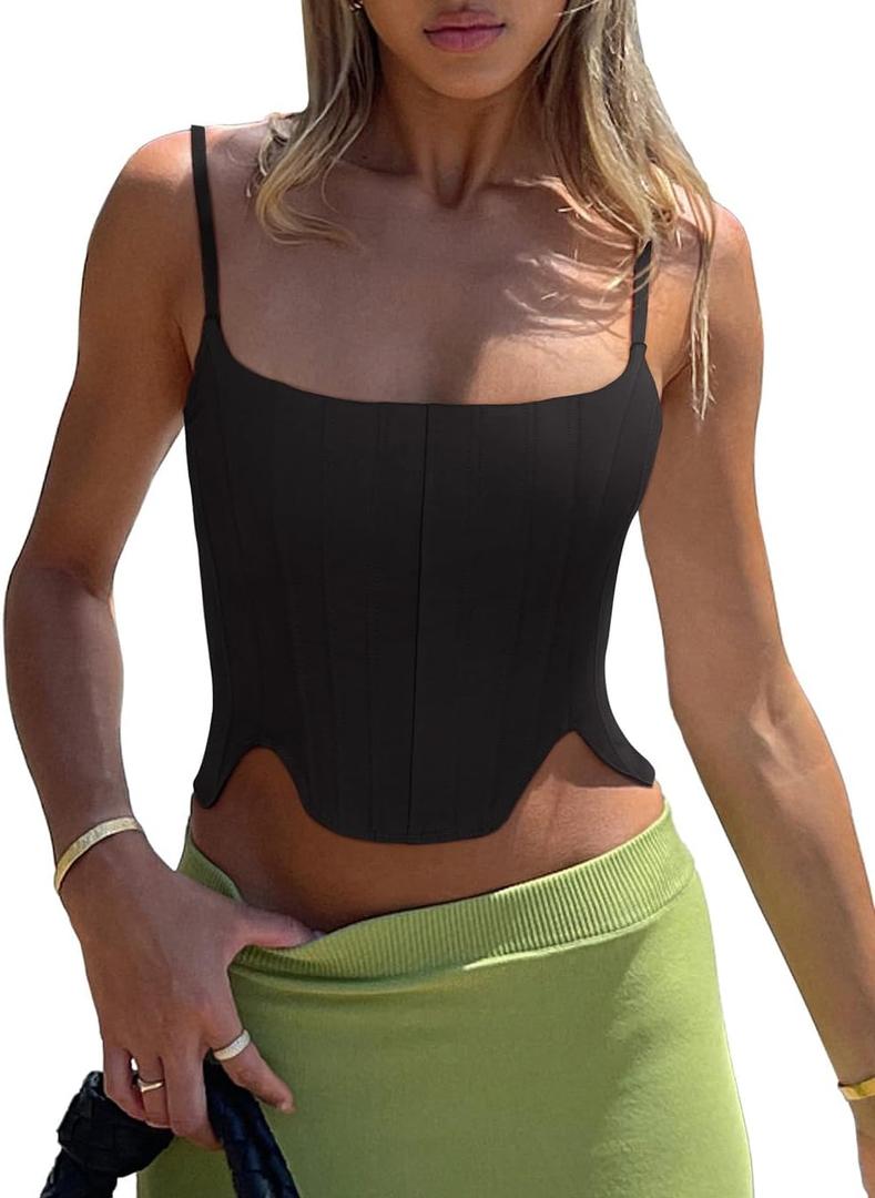 REORIA Women's Sexy Square Neck Trendy Sleeveless Adjustable Spaghetti Strap Corset Tank Crop Tops (Small, Black)