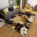 Black Golden Floral Leaves Print Area Rug for Living Room Blooming Flowers Rugs Non-Slip Rectangular Mat Home Office Carpets,5'x8' (D01)