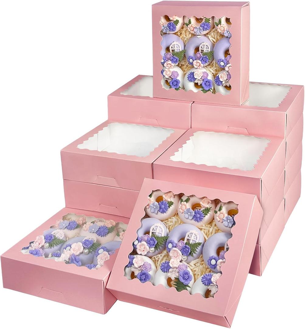 Bakepacker 55pcs Pink Pie Boxes 8x8x2.5 inches Easy Assemble Macaroon Cookie Boxes Bakery Boxes with Window for Bakery (Auto-pop Up)