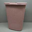 Mind Reader Slim Laundry Hamper with Lid, 60L Clothes Basket, Premium Wicker Design, Plastic, Pink