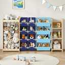 EXPERLAM 3-in-1 Toy Storage Organizer, Stuffed Animal Holder & 3-Tier Bookcase, Solid Wood Toy Organizer with 12 Storage Bins, Space-Saving Toy & Book Shelf for Kids Rooms, Bedroom, Playroom, Blue, Large