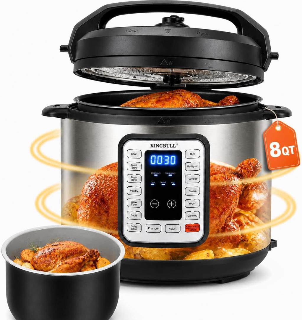 KINGBULL 8QT Electric Pressure Cooker, 12-in-1 Stainless Steel Multi Cooker with Nonstick Inner Pot, Slow Cooker, Rice Cooker, Steamer, Saut, Yogurt Maker, Warmer, Delay Start