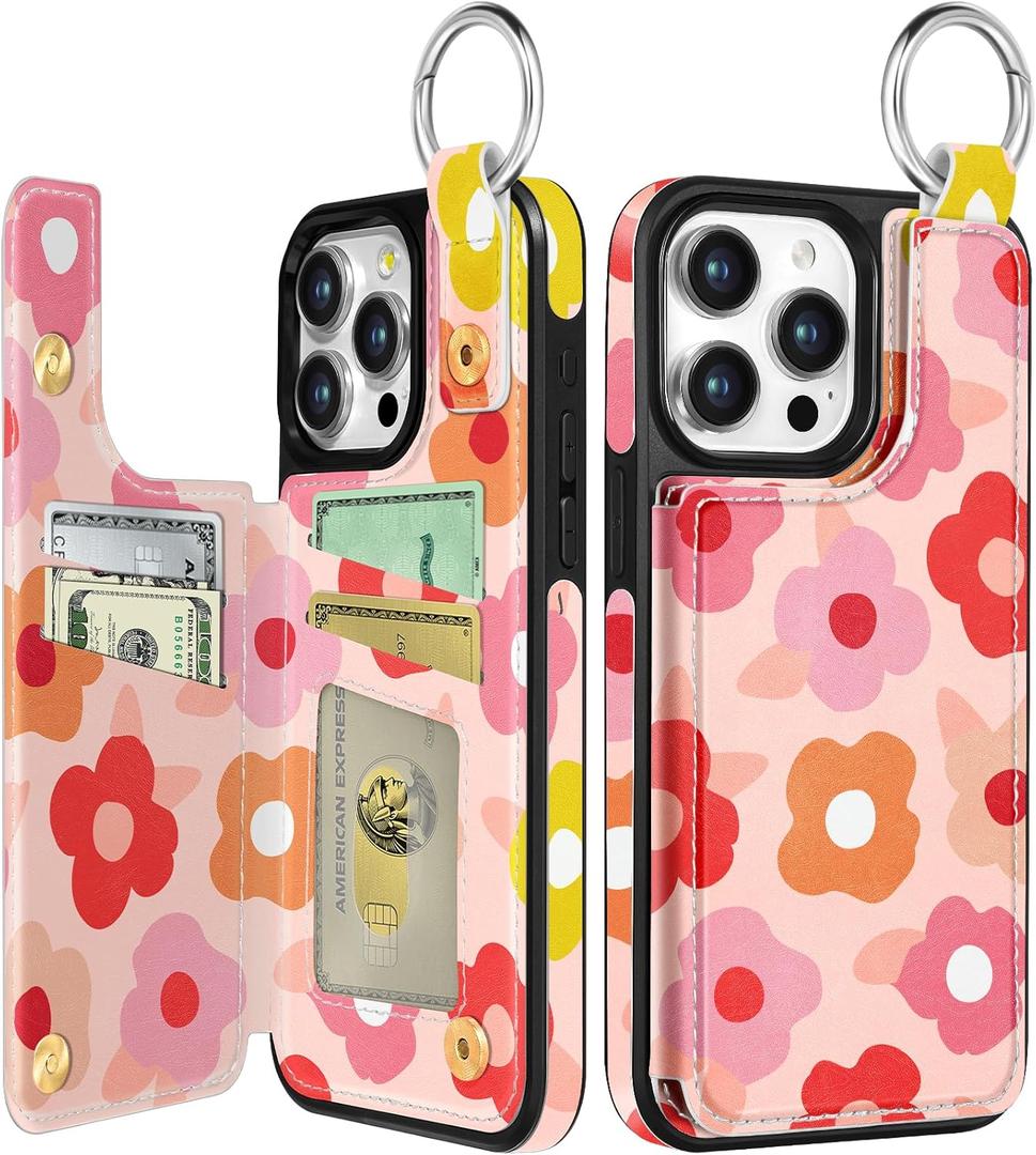 Shorogyt for iPhone 12 Pro Max Wallet Case with Card Holder, Designer PK Flower Pattern Kickstand Magnetic Clasp Back Flip Folio Leather Phone Cases for iPhone 12 Pro Max for Women Men Girls (26-Pink Flower)