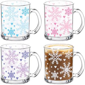 Whaline 4Pcs Christmas Snowflake Glass Coffee Mug Set 12 Oz Winter Snowflake Glass Cups with Handle Xmas Winter Holiday Gifts Clear Drinking Wine Beverage Glasses for Hot Cold Drinks Water Tea Milk