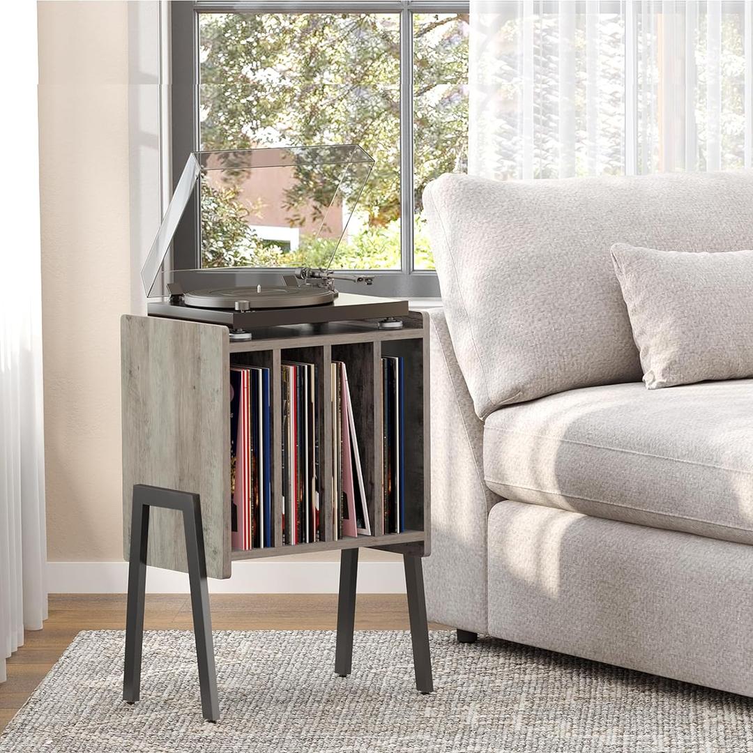 TUTOTAK Record Player Stand, Record Storage Table, End Table with Vinyl Holder Display Shelf, Side Table, Turntable Stand, Nightstand (Greige)