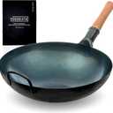YOSUKATA Blue Round Bottom Woks and Stir Fry Pans 14in - Chinese Hammered Carbon Steel Pow Wok - Traditional Chinese Japanese Cookware (14", Blue)