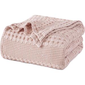 PHF 100% Cotton Waffle Weave Blanket Queen Size for Bed, Soft Lightweight & Breathable, All-Season Comfort, Luxury Aesthetic Christmas Blanket for Home Decor, 90"x90", Pink/Mauve