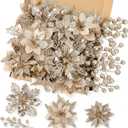 N&T NIETING 24 Pcs Christmas Poinsettia Artificial Flowers & Glitter Berries Stems Kit Christmas Floral Picks Christmas Tree Garland Wreath Filler Ornaments for Home Party Xmas Decor, Champagne Gold