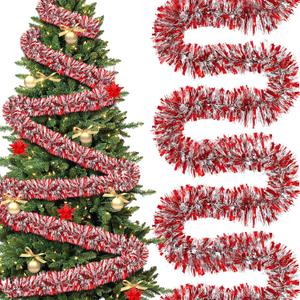 177 Feet Christmas Tinsel Garland Metallic Shiny Hanging Christmas Tree Tinsel Garland Ornaments for Indoor Outdoor Party Wedding Holiday(Red White Silver)