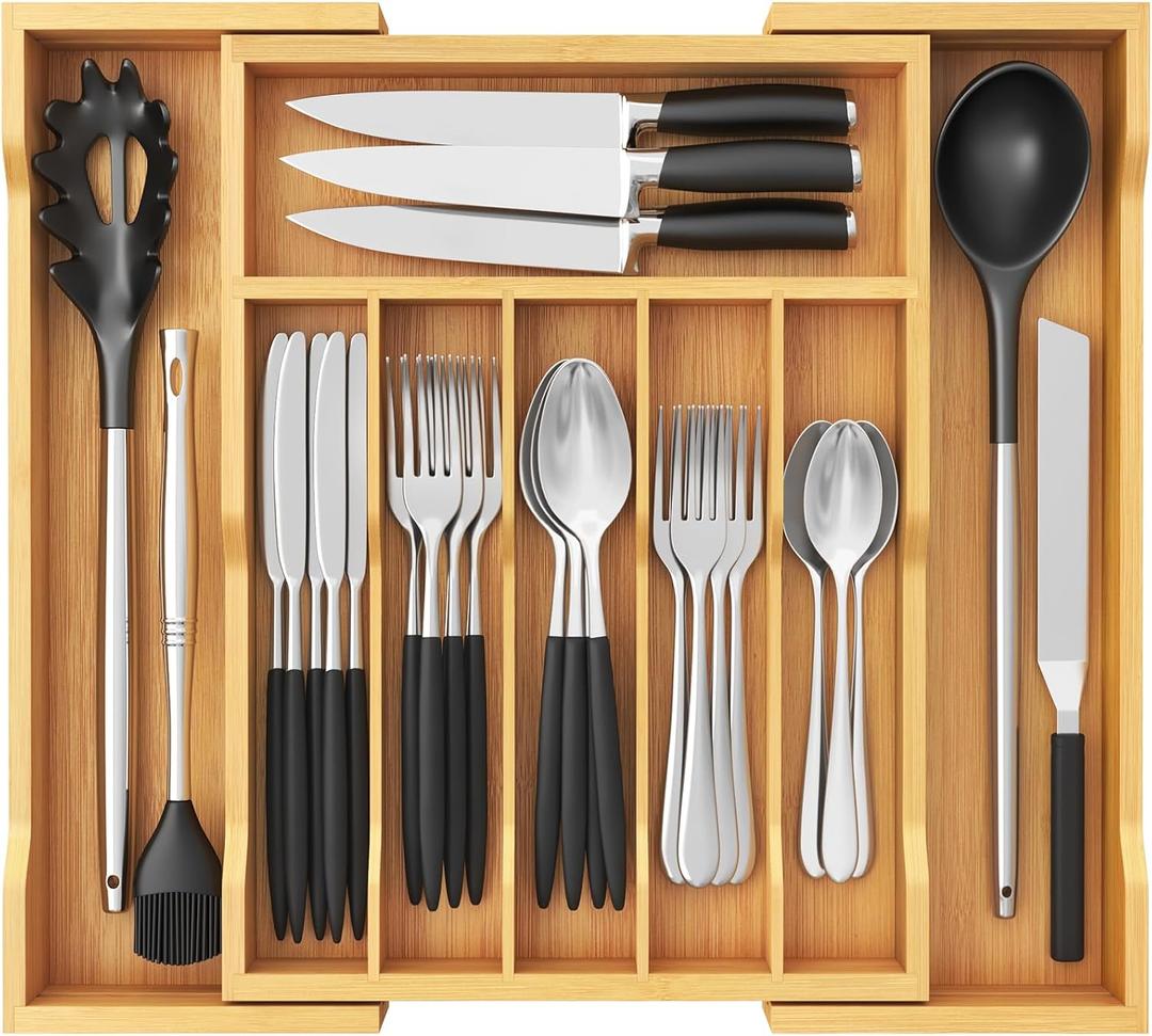 Lifewit Silverware Drawer Organizer, Expandable Utensil Tray for Kitchen, Bamboo Flatware and Cutlery Holder, Wood Adjustable Storage for Spoons Forks Knives, Large, Natural (13~22.4''W x 15''D)