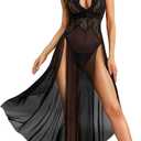 RSLOVE Women's Sexy Lingerie Lace Babydoll Sleepwear Mesh Chemise Deep V Neck Nightdress Side Slits Nightgowns (Black)