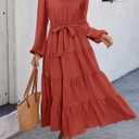 dowerme Women's Long Sleeve Dress 2026 Button Down Belted A-Line Flowy Spring Outfits Ruffle Maxi Holiday Party Dresses (S)