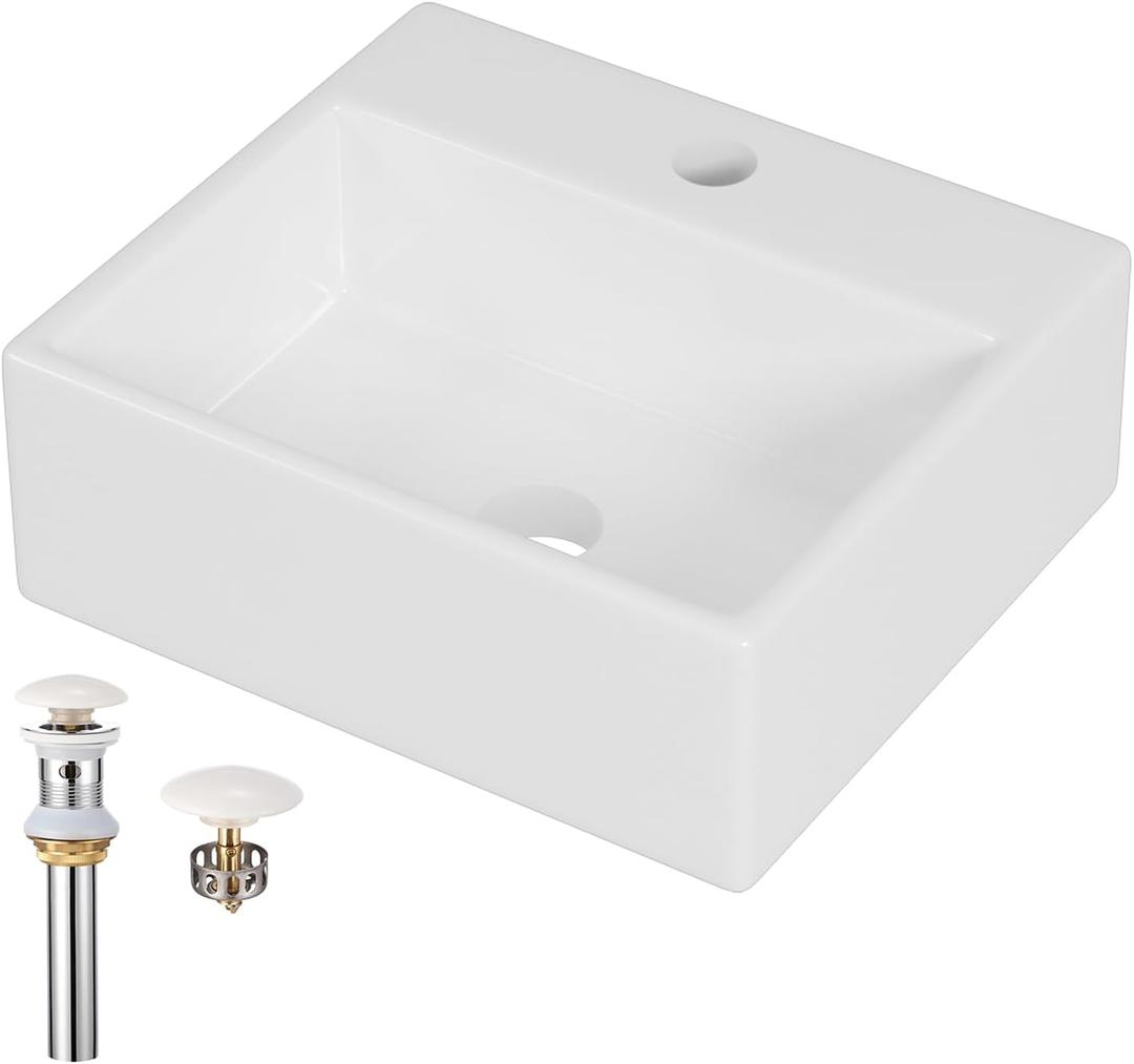 Wall Mount Bathroom Vessel Sink, 13 Rectangle Floating Ceramic Basin for Small Bathroom with Faucet/Pop-up Darin/P-trap, No Overflow, Modern White
