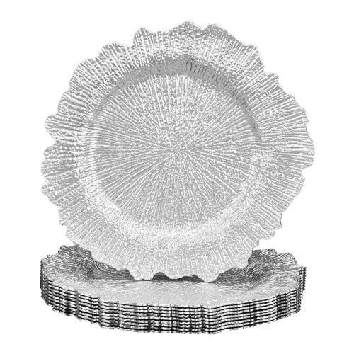 Uxcell 4 pcs Reef Charger Plates Bulk, 13 Inch Plastic Floral Charger Plates, Round Plate Chargers for Dinner Wedding Party Event Table Setting Decoration Silver