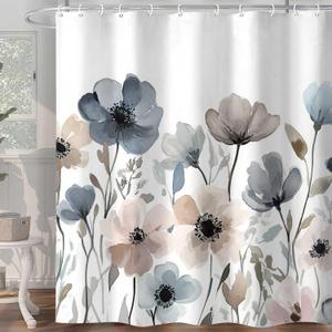 Boho Floral Shower Curtain, Watercolor Beige Blue Grey White Flower Fabric Shower Curtains Set, Cute Farmhouse Flower Decoration with Hooks 72 X 72 inch
