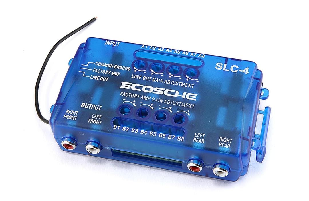 Scosche SLC4 Line Output Converter/OEM Premium Amplifier Adapter - 4CH LOC High/Low RCA Converter Car Audio - Add New Amp or Retain Factory Amp - Line Level Converter for Car Stereo - Quality Sound (Blue)