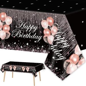 3pcs Black Rose Gold Birthday Tablecloths - Party Decorations With Pink Sequin Plastic Table Cover, Glitter Diamonds - Happy Birthday Supplies for Girl Women Wedding Party