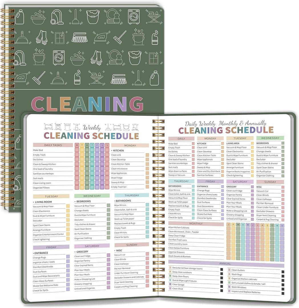 ADHD Cleaning Planner for Adults Women, Cleaning Schedule and Checklist Notebook, Daily Weekly Monthly Schedule Household Cleaning Checklist Planner, Green