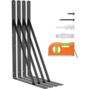 LuckIn 12-Pack Heavy Duty Shelf Bracket 18 Inch, Fit for 18 20 24 Inch Floating Shelves, L Brackets with 90 Degree Triangle, 250 LBS Max Load, Mounting Hardware Included, Black