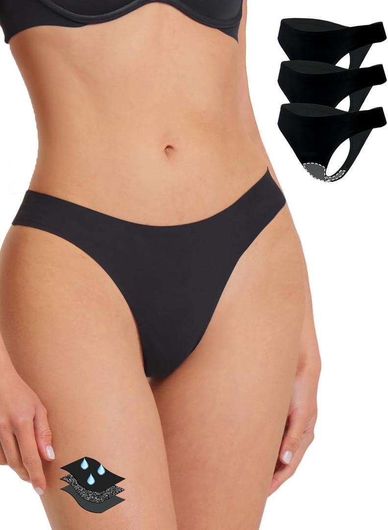 Seamless Thong Period Underwear for Women Teens Light Flow Moisture Wicking Side Leak Prevention Panties 3 Pack (Medium, Black)