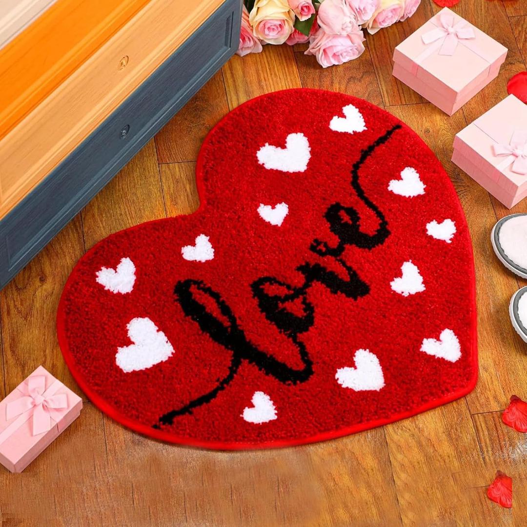 Valentines Day Bath Rug Heart Shaped Non Slip Mat Indoor Entryway Floor Rug for Entrance Outside Home Kitchen Living Room Bathroom Decor 23.6x23.6 (Style1)