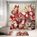 Gothic Burgundy Red Butterfly Floral Bathroom Shower Curtain Set with Rugs, 72"W x 72"L