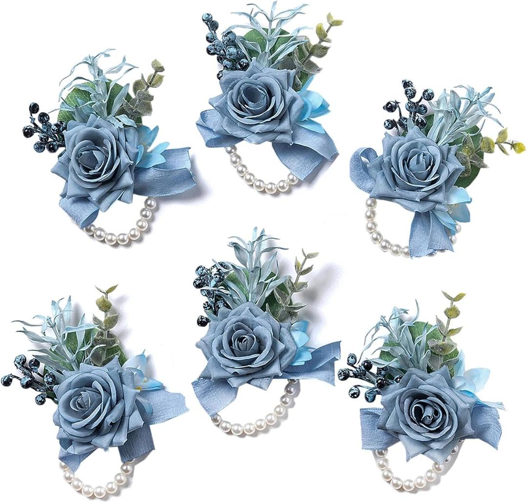 Meldel Dusty Blue Rose Wrist Corsage for Women, Set of 6, Wedding Bridal Corsage Hand Flower Decor for Prom Corsages Party Homecoming, Wristband Flowers for Bride Bridesmaid Girl Mother Wristlet Dcor