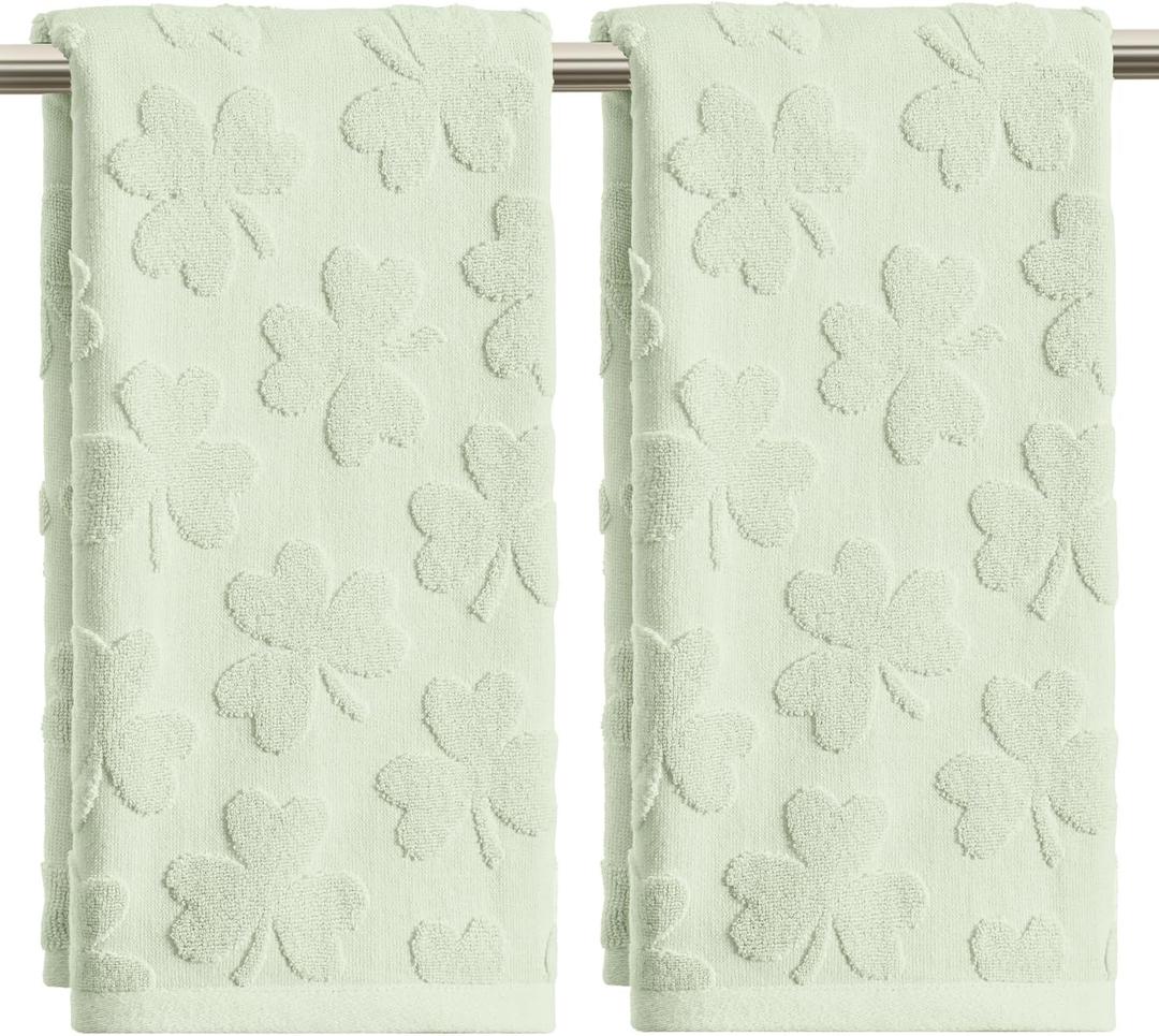 Artoid Mode 2 Pcs Light Green 3D Shamrock Jacquard Patrick Hand Towels for Bathroom, 100% Cotton Soft Absorbent Bathroom Decor Towels, 13.7 x 29.5 Inch