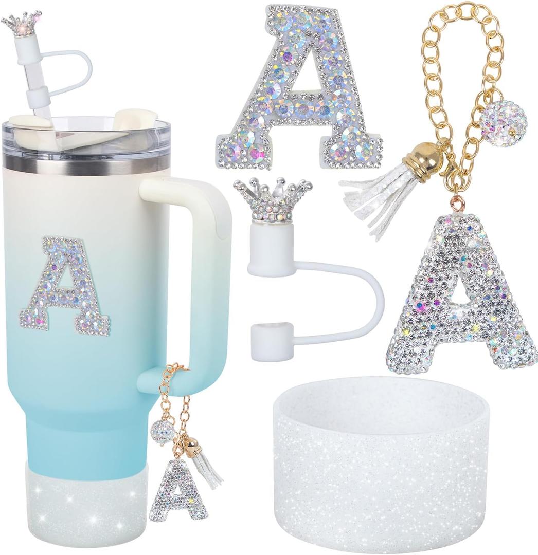 Letter Charms for Stanley Cup Handle,Silicone Boot Accessories Charms for Stanley Cup 40oz 30oz,Crown Straw Cover Topper & Diamond Sticker (A)
