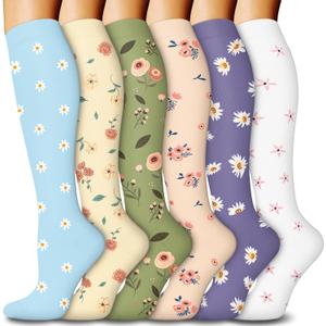 6 Pairs Compression Socks for Women & Men 15-20mmHg Graduated Support Knee High Socks for Nurses, Travel, Athletic (Small-Medium, 03 Assort - Colored Flower)